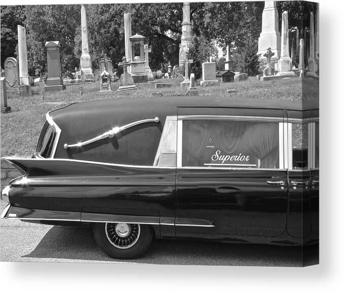 Superior Hearse Laurel Hill Cemetary Philadelphia Pa Car Show Black White Canvas Print featuring the photograph Superior by Alice Gipson