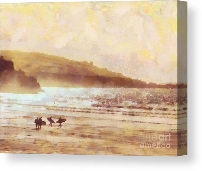 Impressionist Canvas Print featuring the painting Surfer dawn by Pixel Chimp