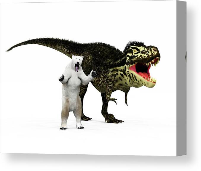 Tyrannosaurus Rex Canvas Print featuring the photograph T-rex Dinosaur And Polar Bear by Walter Myers