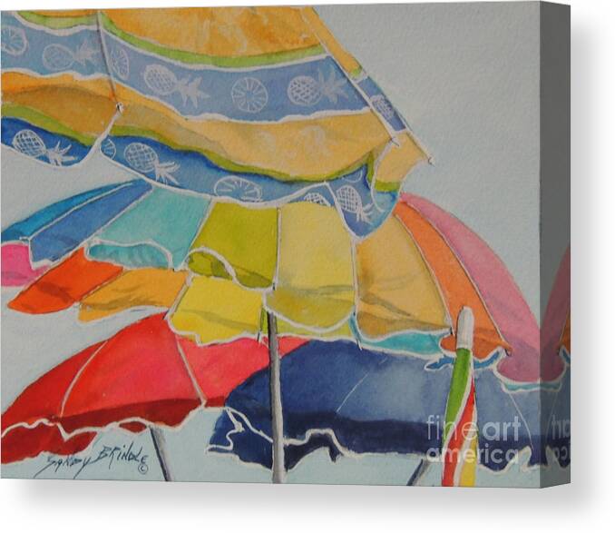 Watercolor Realistic Umbrellas Summer Canvas Print featuring the painting The Colors of Fun. SOLD by Sandy Brindle