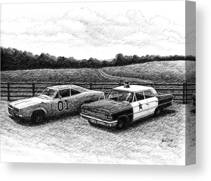 The General Lee Canvas Print featuring the drawing The General Lee and Barney Fife's Police Car by Janet King