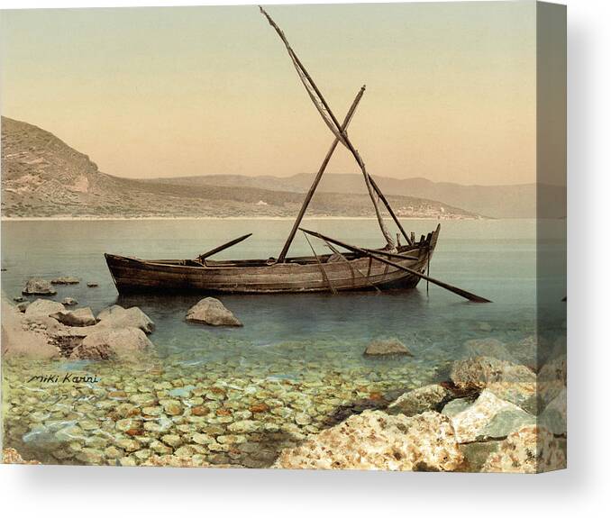 Jesus Canvas Print featuring the painting The Jesus Boat at the Sea of Galilee by Miki Karni