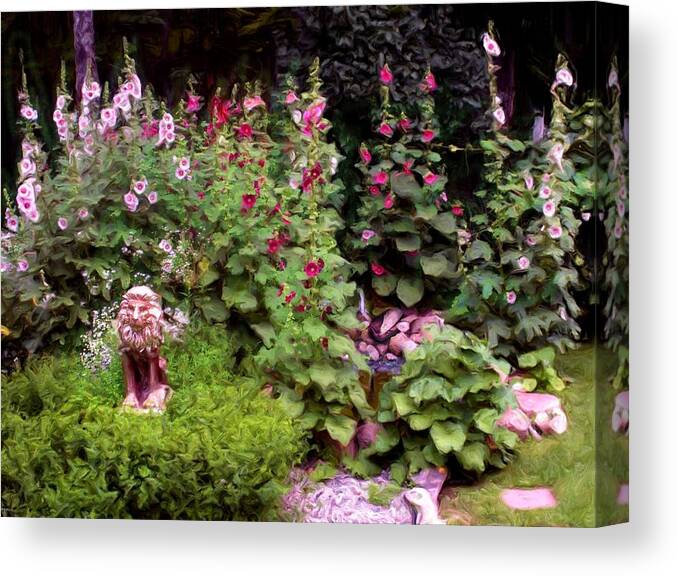  Canvas Print featuring the photograph The Lion in the Hollyhocks by Liz Evensen