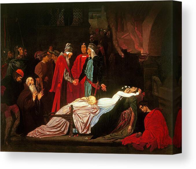 Grief Canvas Print featuring the photograph The Reconciliation Of The Montagues And The Capulets Over The Dead Bodies Of Romeo And Juliet Oil by Frederic Leighton