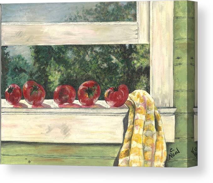 Tomato Canvas Print featuring the painting Tomatoes on the Sill by Carol Neal