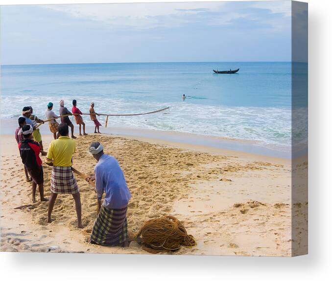 Fishermen Canvas Print featuring the photograph Hoisting the Nets by Nila Newsom