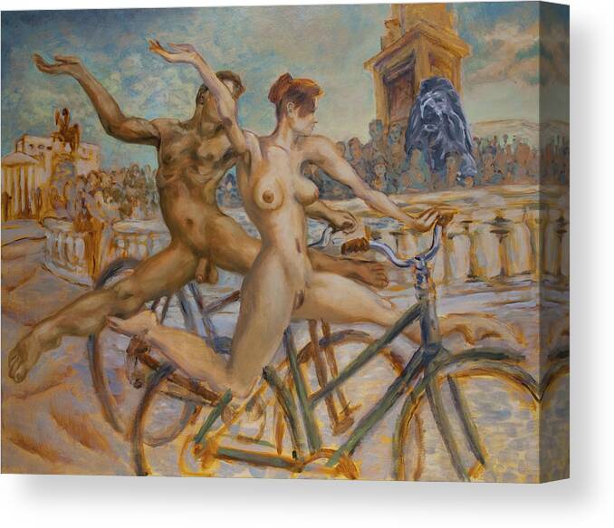 Nudes Canvas Print featuring the painting Tricky balance at Trafalgar Square by Peregrine Roskilly