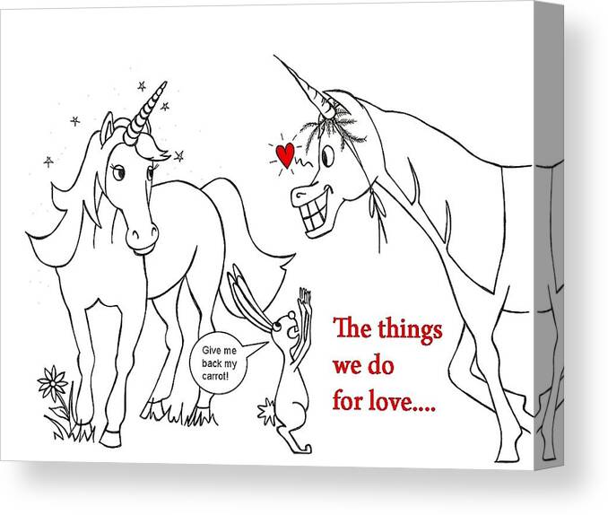 Valentine Canvas Print featuring the drawing Unicorn Valentines card by Konni Jensen