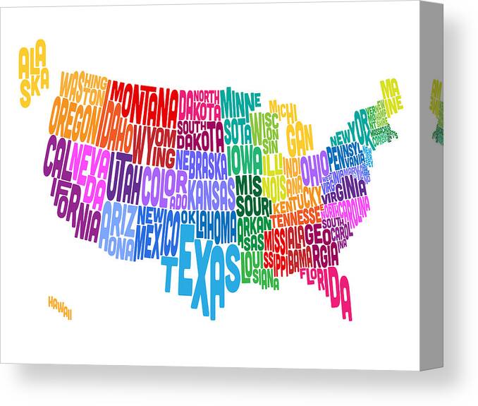 Usa Map Canvas Print featuring the digital art United States Typography Text Map by Michael Tompsett