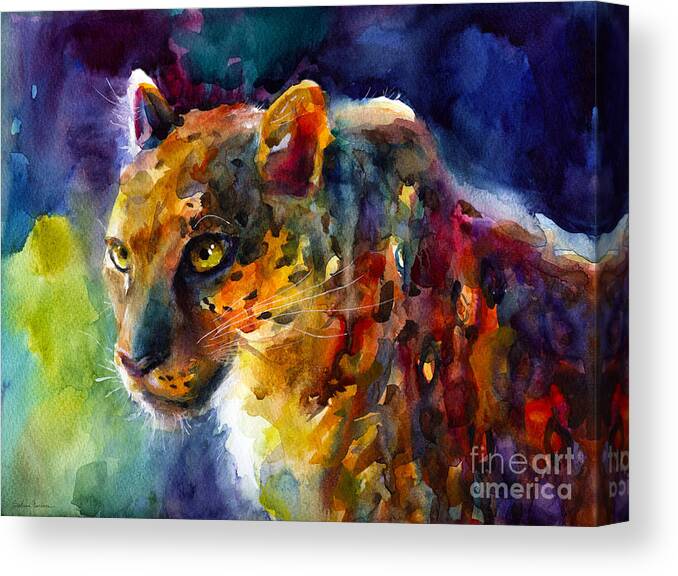 Leopard Canvas Print featuring the painting Vibrant watercolor leopard wildlife painting by Svetlana Novikova