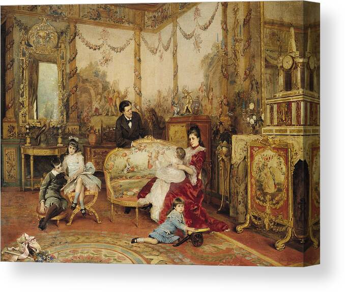 Victorien Sardou And His Family In Their Drawing Room At Marly-le-roi Canvas Print featuring the painting Victorien Sardou and his Family in their Drawing Room by Auguste de la Brely