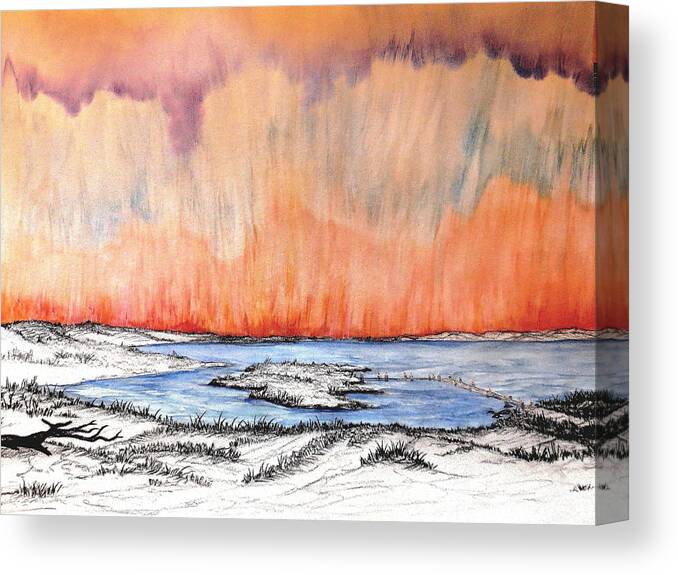 Island Watercolor Charcoal Dunes Sun Water Ocean Beach Canvas Print featuring the mixed media Walk of Change by Daniel Dubinsky