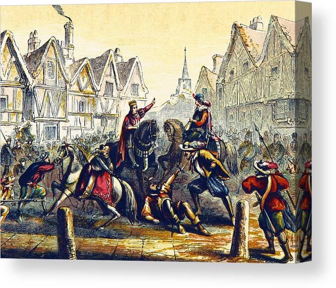 History Canvas Print featuring the photograph Wat Tylers Death, The Peasants Revolt by British Library