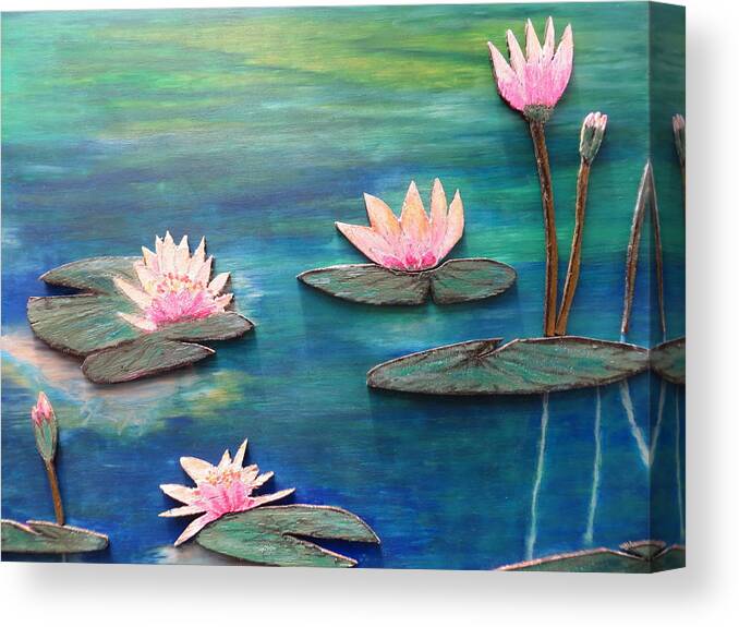 Lilly Water Pond Saltwater Studio Pink Blue Colors Shadows Monet Monot Peaceful Tranquil Floating Business Tv Design Canvas Print featuring the pastel Water Blossom by Daniel Dubinsky