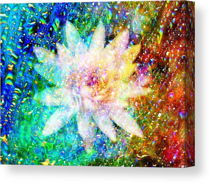 Bright Flower Canvas Print featuring the digital art Water Lily with iridescent water drops by Lilia S
