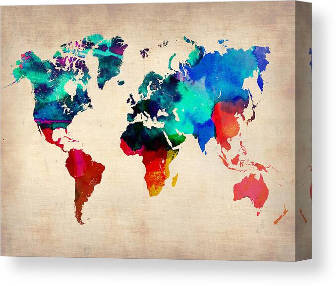 Map Of The World Canvas Print featuring the painting Watercolor World Map 3 by Naxart Studio