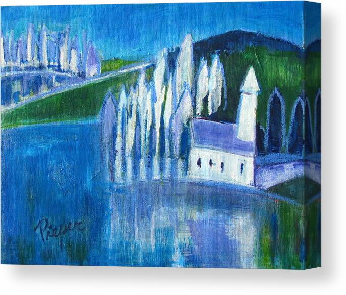 Abstract Painting Of White Church And White Trees Canvas Print featuring the painting White Church and White Trees with Blue and Green by Betty Pieper