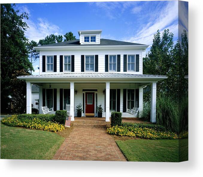 Shutter Canvas Print featuring the photograph White wooden house, flowers blooming around front porch by Phillip Spears
