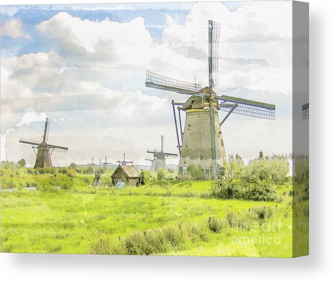 17th Canvas Print featuring the digital art Windmills at Kinderdijk in the Netherlands by Patricia Hofmeester