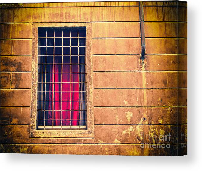 Architecture Canvas Print featuring the photograph Window with grate and red curtain by Silvia Ganora