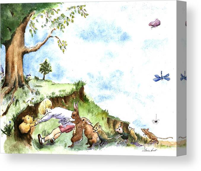 Winnie The Pooh Canvas Print featuring the painting Helping Hands after E H Shepard by Maria Hunt