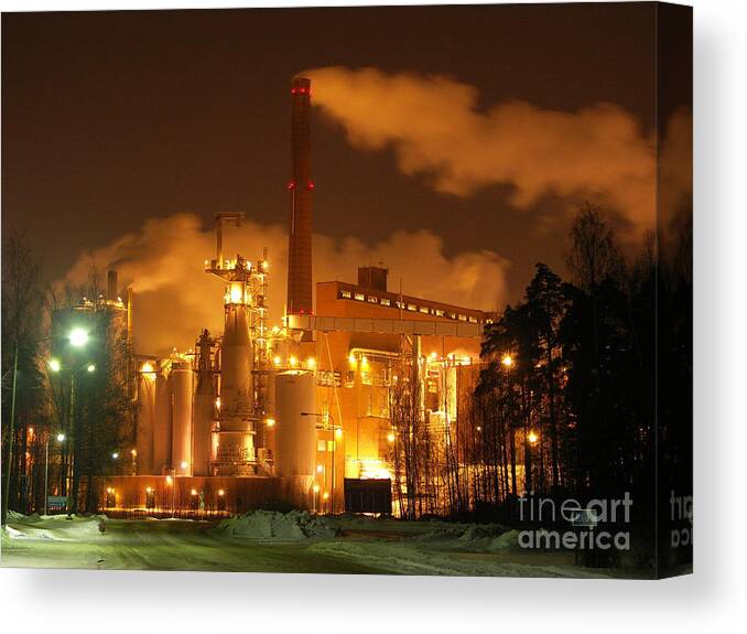 Sunila Pulp Mill Canvas Print featuring the photograph Winter Night at Sunila Pulp Mill by Ilkka Porkka