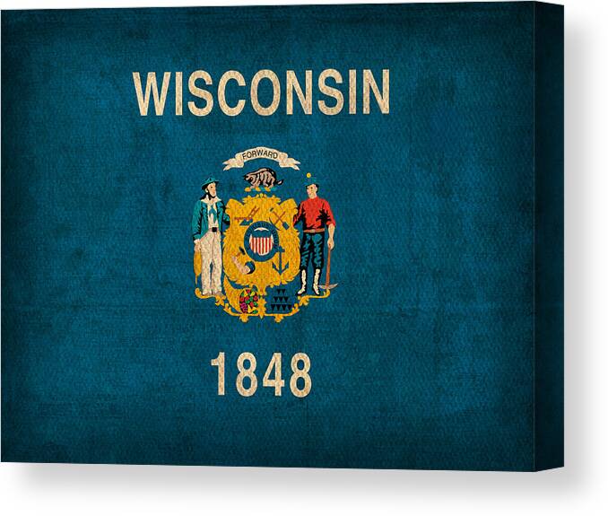 Wisconsin Canvas Print featuring the mixed media Wisconsin State Flag Art on Worn Canvas by Design Turnpike