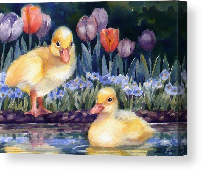 Baby Animals Print Canvas Print featuring the painting Yellow Ducklings - First Swim by Janet Zeh