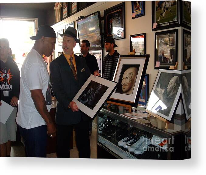 Drawing Canvas Print featuring the photograph Mike Tyson and myself at ManCave Memorabilia #1 by Jim Fitzpatrick