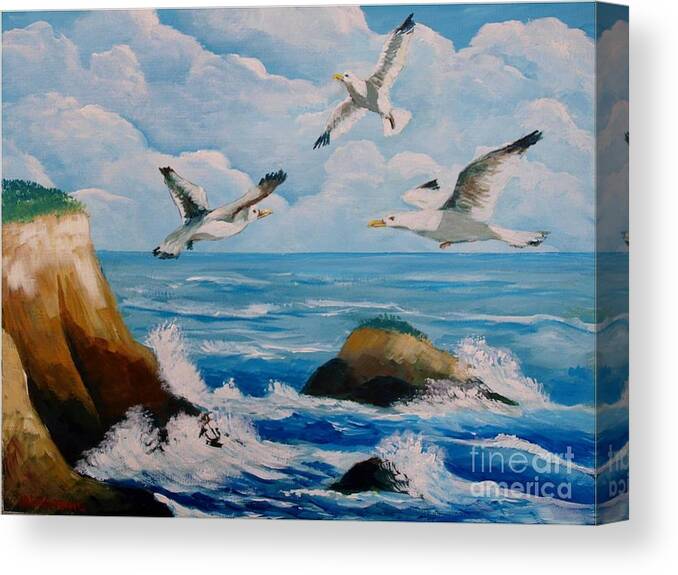 Sea Canvas Print featuring the painting Seagulls #2 by Jean Pierre Bergoeing