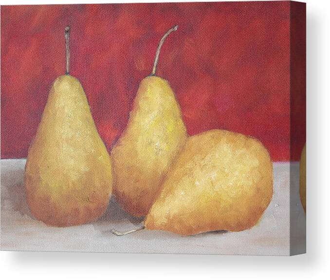 Pears Canvas Print featuring the painting 3 golden Pears on red by Patricia Cleasby