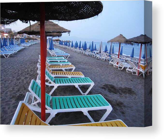Umrbella Canvas Print featuring the photograph Beach Umbrellas and Chairs Costa Del Sol Spain #7 by John Shiron