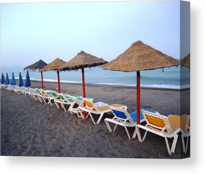 Umbrella Canvas Print featuring the photograph Beach Umbrellas and Chairs Costa Del Sol Spain #9 by John Shiron