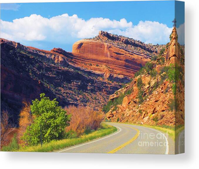  Sand Stone Feature Above Hwy 141 Southwestern Colorado Canvas Print featuring the digital art A Turn in the Road by Annie Gibbons