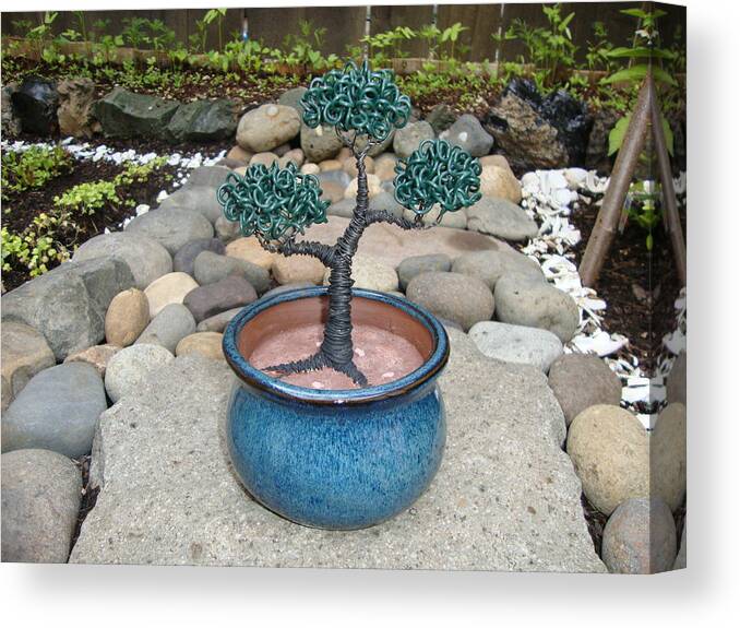 Tree Canvas Print featuring the sculpture Bonsai Tree Small Round Planter Blue by Scott Faucett