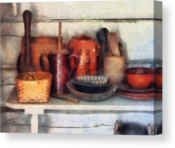 Bowl Canvas Print featuring the photograph Bowls Basket and Wooden Spoons by Susan Savad