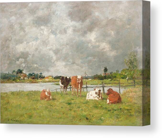 Landscape Canvas Print featuring the painting Cows in a Field under a Stormy Sky by Eugene Louis Boudin