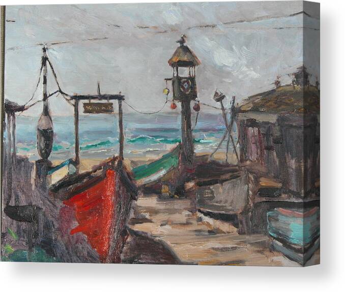 Contemporary Boat & Bait Canvas Print featuring the painting Crabby's Shack by Joyce Snyder