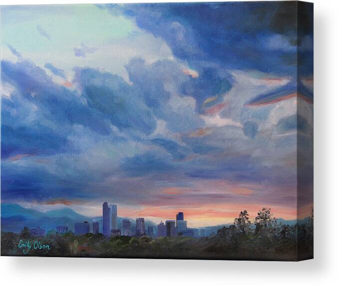 Denver Canvas Print featuring the painting Denver Skyline at Sunset by Emily Olson