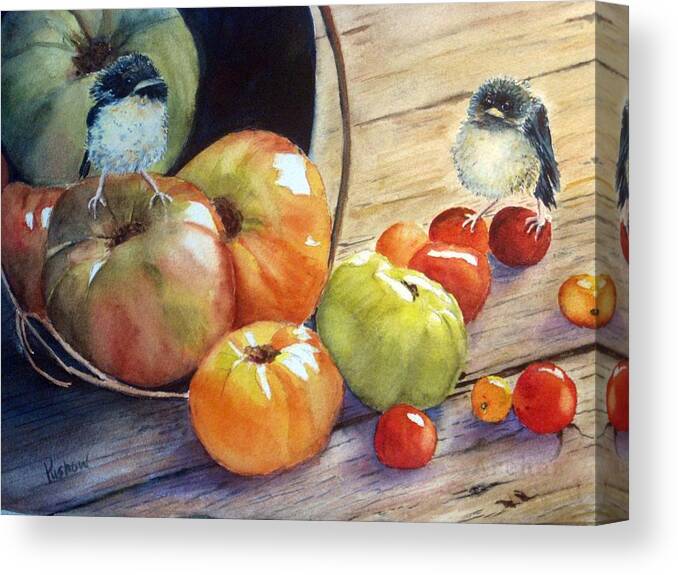 Baby Birds Canvas Print featuring the painting Eat your veggies by Patricia Pushaw