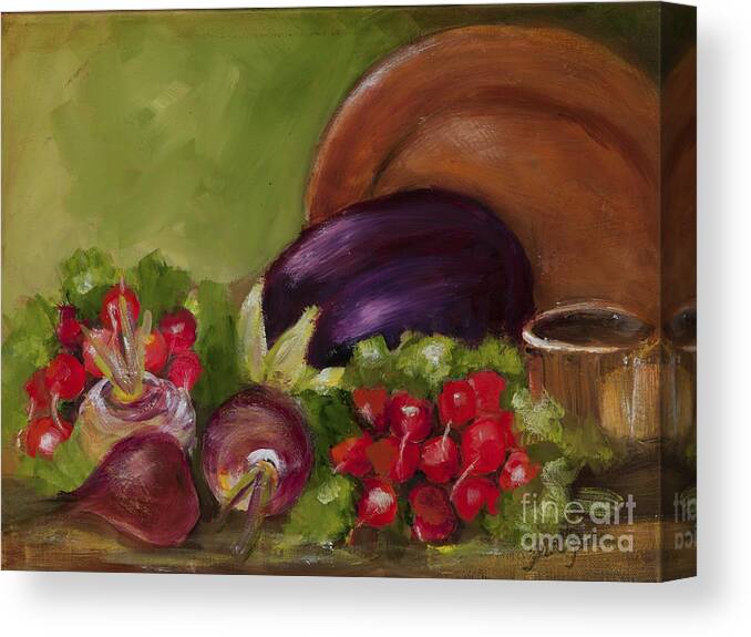Eggplant And Veges Prints Canvas Print featuring the painting Eggplant and Radishes by Pati Pelz