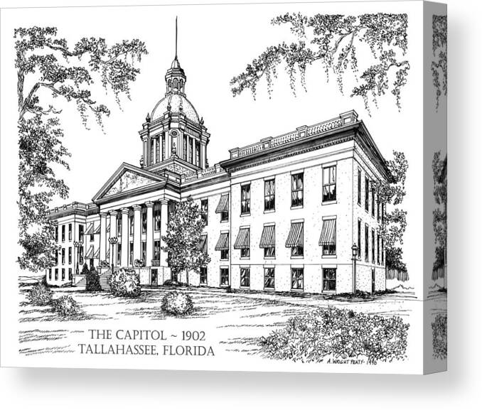 Strong Canvas Print featuring the drawing Florida Capitol 1902 Ink by Audrey Peaty