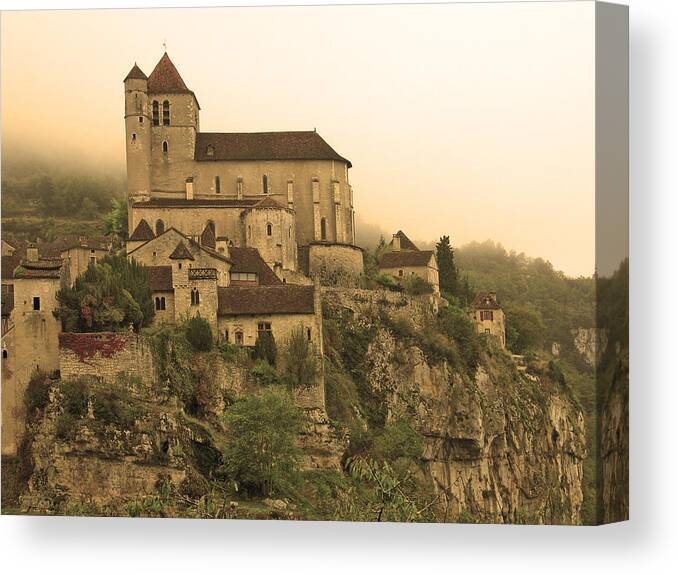 St Cirq Canvas Print featuring the photograph Fog Descending on St Cirq Lapopie in Sepia by Greg Matchick