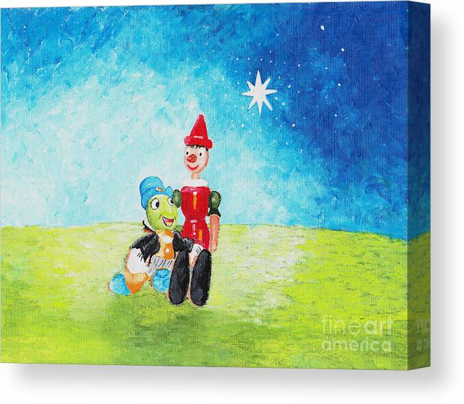 Jiminy Canvas Print featuring the painting Jiminy Cricket and Pinocho by William Bowers