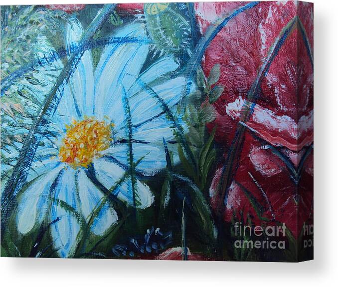 Original Oil Flowers Painting Canvas Print featuring the painting Nature Landscape Flowers Daisies and Poppies by Drinka Mercep