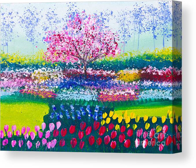 Acrylic Canvas Print featuring the photograph Painting Of Tulip Flowers Field And Tree by Mongkol Chakritthakool