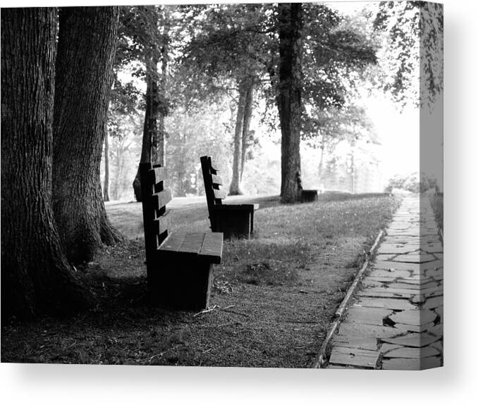 Black And White Canvas Print featuring the photograph Park Bench in Black and White by Lisa Lambert-Shank