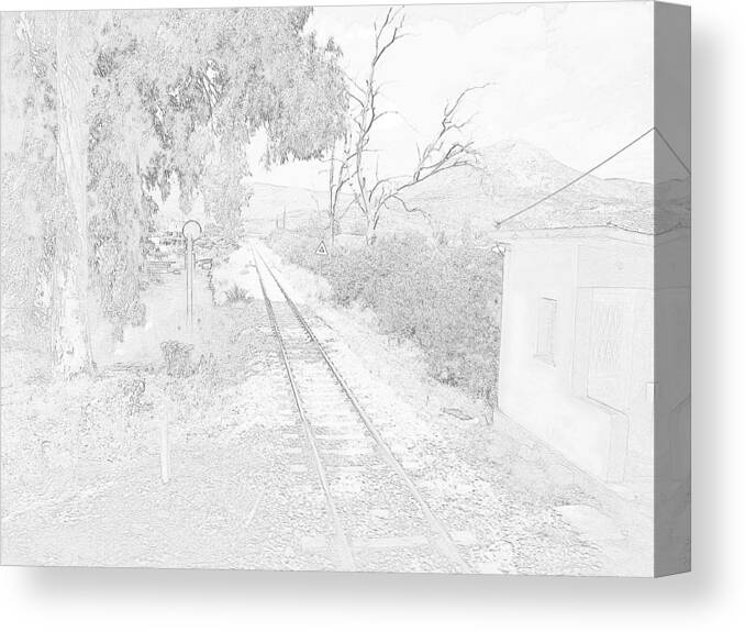 Railroad Canvas Print featuring the photograph Railroad Crossing in Pencil Sketch Look on the Way from Mycenae to Olympia in Greece by John Shiron
