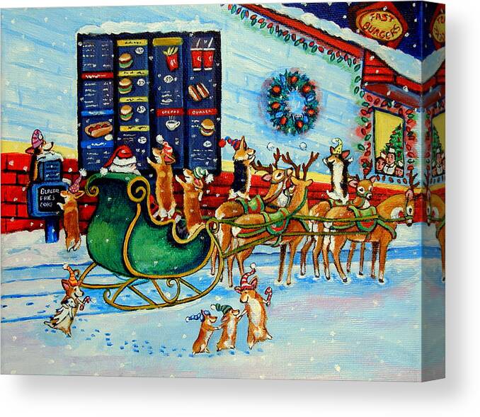 Pembroke Welsh Corgi Canvas Print featuring the painting Santa's Pit Stop on December 24th by Lyn Cook