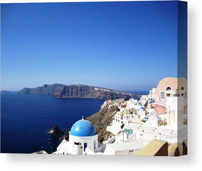 Santorini Canvas Print featuring the photograph Santorini Blue Dome Greek Isle Greece by John Shiron